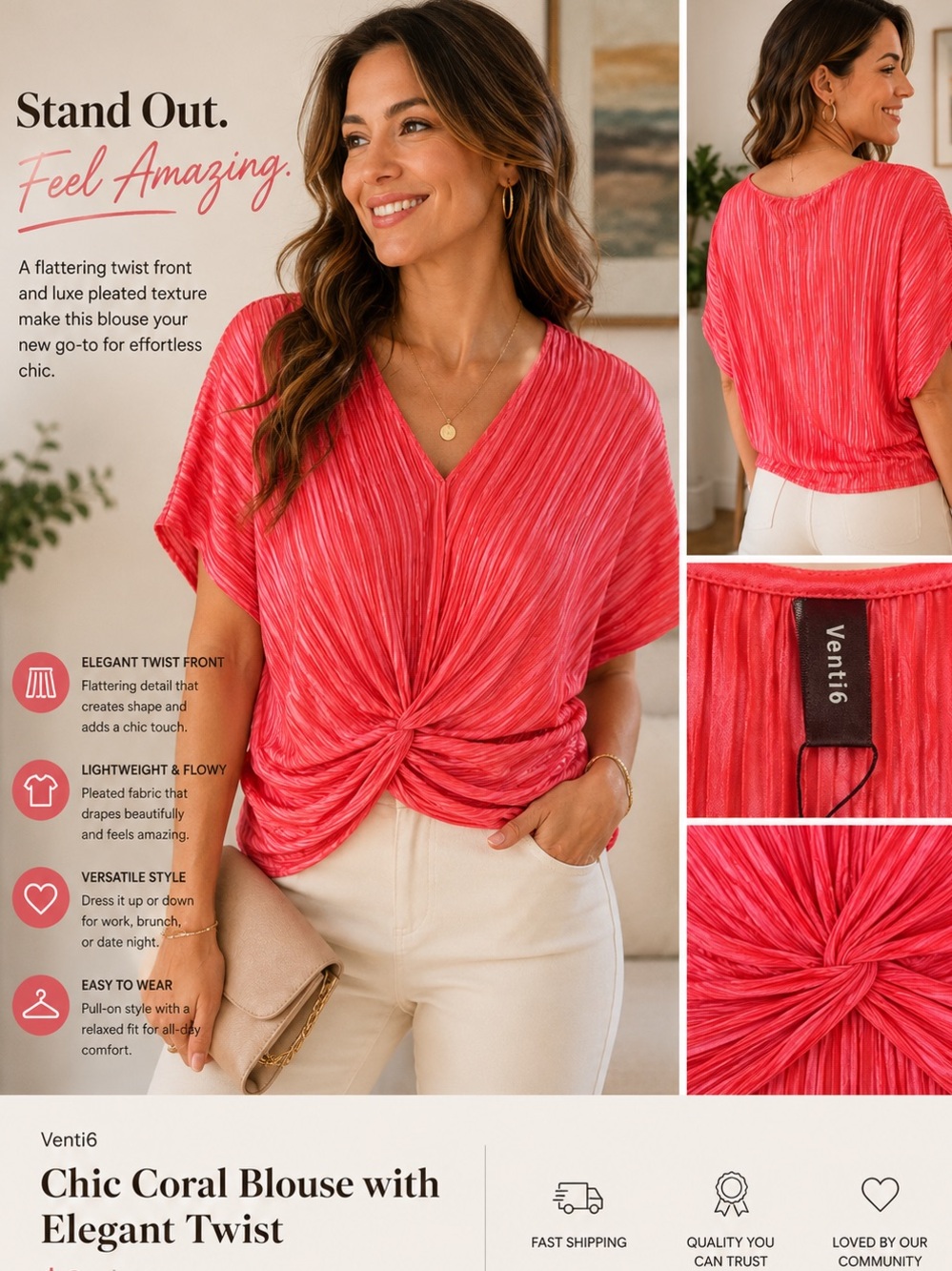 Chic Coral Blouse with Elegant Twist